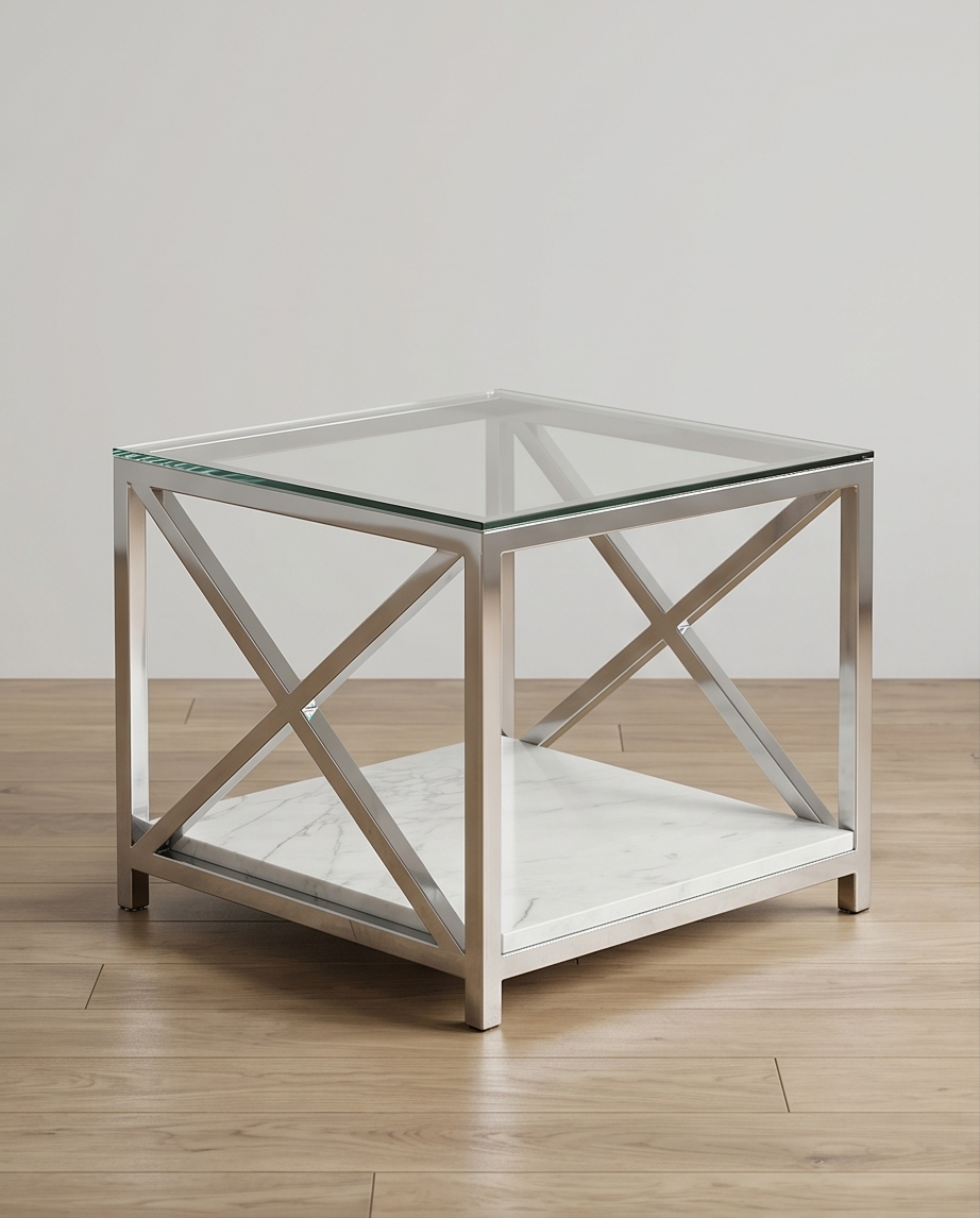 Glass and Mirror Coffee Table 60x60cm — Stainless Steel Frame
