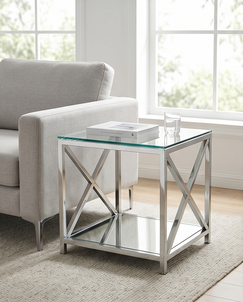 Glass and Mirror Coffee Table 60x60cm — Stainless Steel Frame