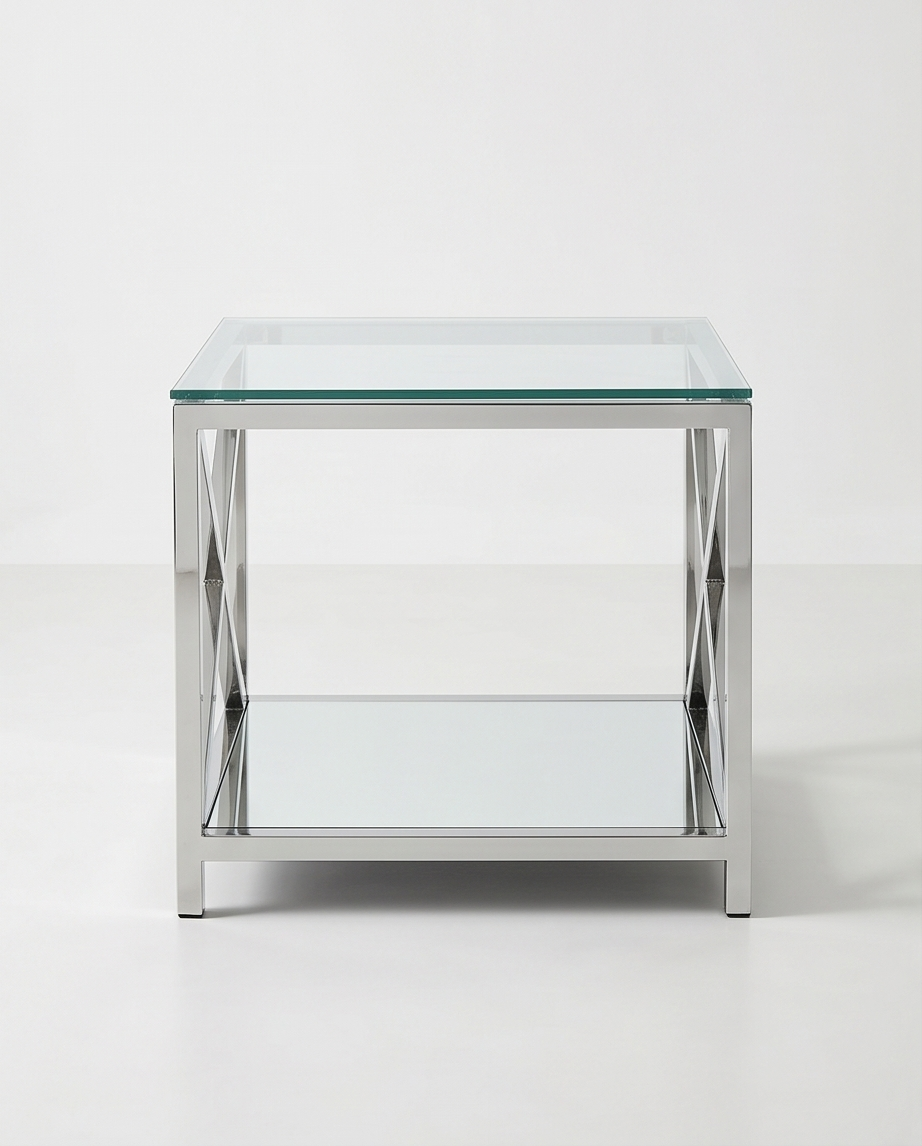 Glass and Mirror Coffee Table 60x60cm — Stainless Steel Frame