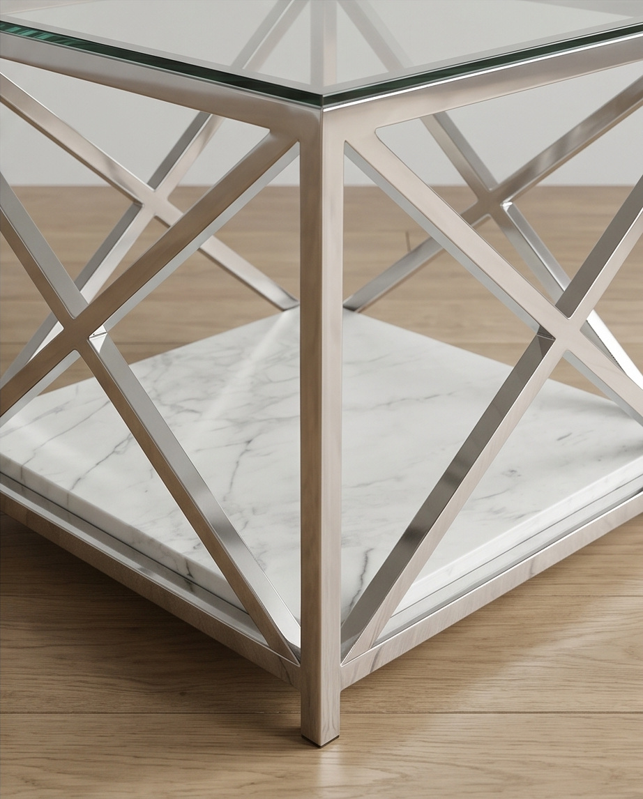 Glass and Mirror Coffee Table 60x60cm — Stainless Steel Frame