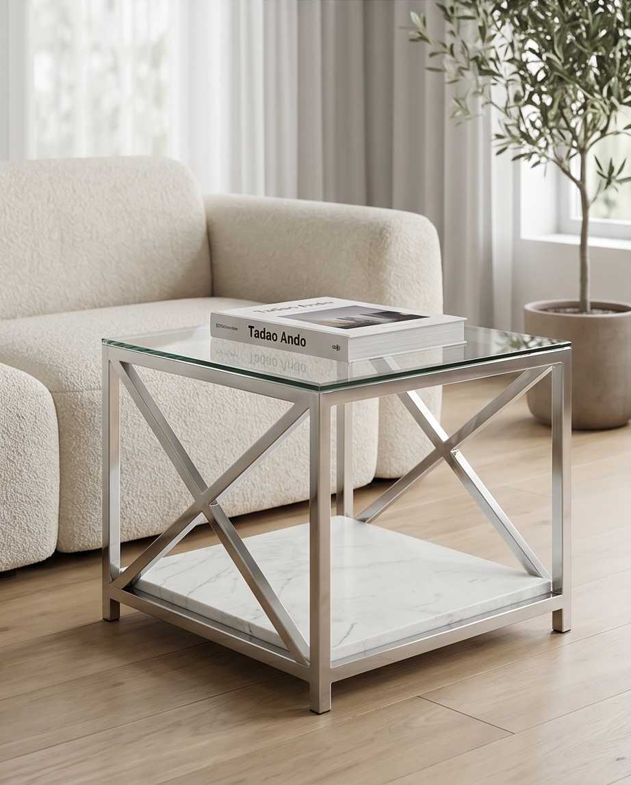 Glass and Mirror Coffee Table 60x60cm — Stainless Steel Frame