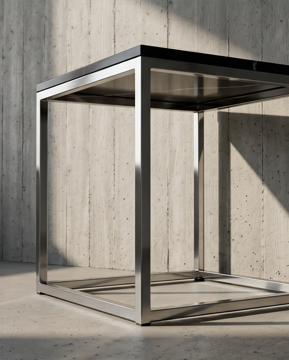 “Black Quartz Side Table 50x50cm — Stainless Steel Frame”
