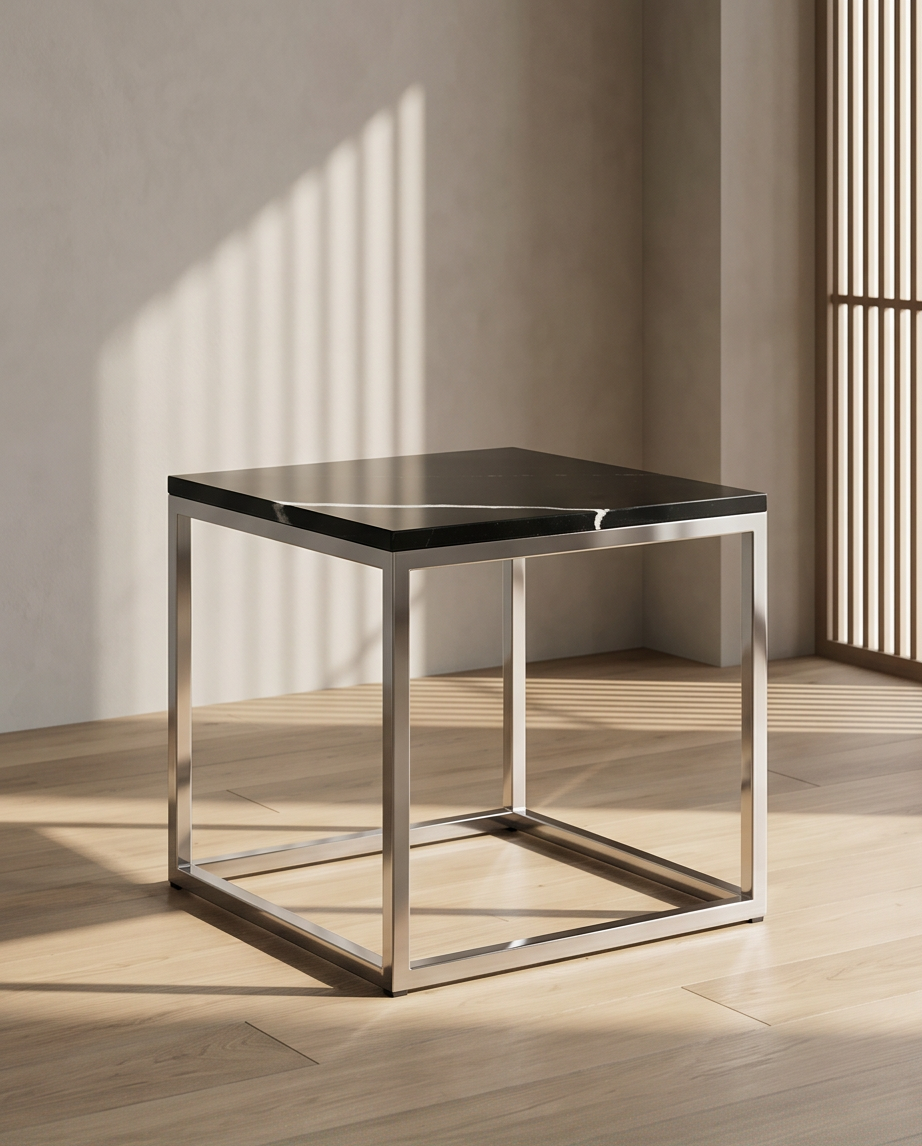 “Black Quartz Side Table 50x50cm — Stainless Steel Frame”