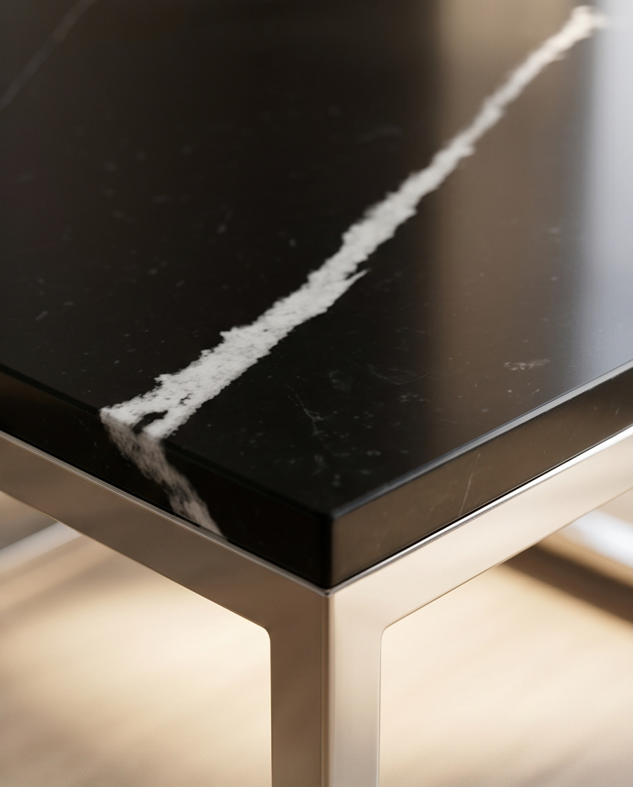 “Black Quartz Side Table 50x50cm — Stainless Steel Frame”